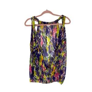 Cabi Purple Pink Yellow Abstract Sleeveless Semi Sheer Wrap Tank Blouse Size XS